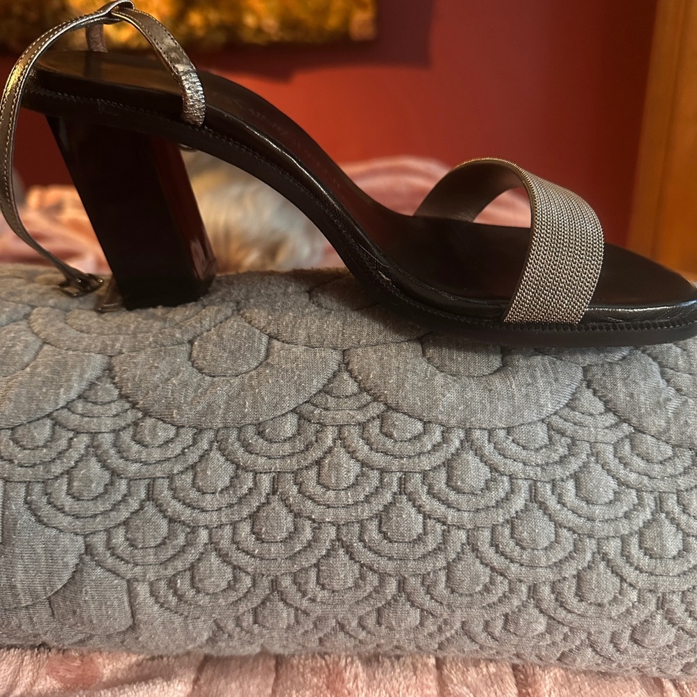 YSL Silver Chain Strappy Sandals 6.5 | Yves Saint Laurent Metallic Heels - Picture 2 of 11